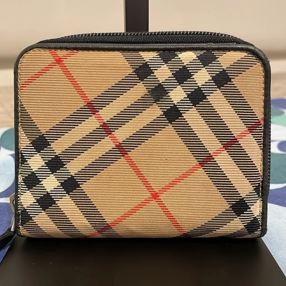 Burberry Beige and Black Plaid Zippy Wallet